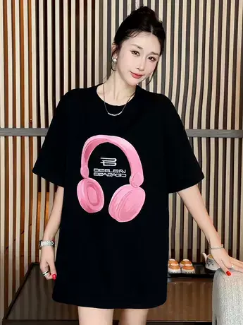 欧美高街宽松纯棉短袖2025新款t恤女爆款早春欧货大码中长款上衣图片