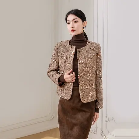 希区瑞普新款亮片短外套女气质百搭圆领时尚粗花呢上衣图片