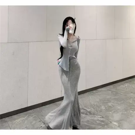 现货 韩国东大门秋新款东大门条纹鱼尾半身裙女人味性感长裙图片