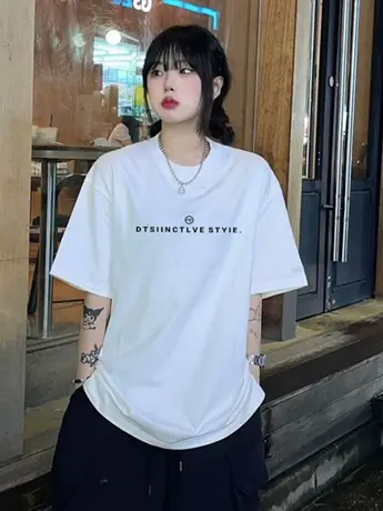 白色仿棉短袖t恤女2023新款夏季美式复古潮牌宽松大码女装上衣服商品大图