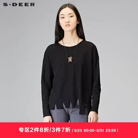 sdeer圣迪奥2019秋装休闲套头圆领不规则裁剪长袖T恤女S18180204图片