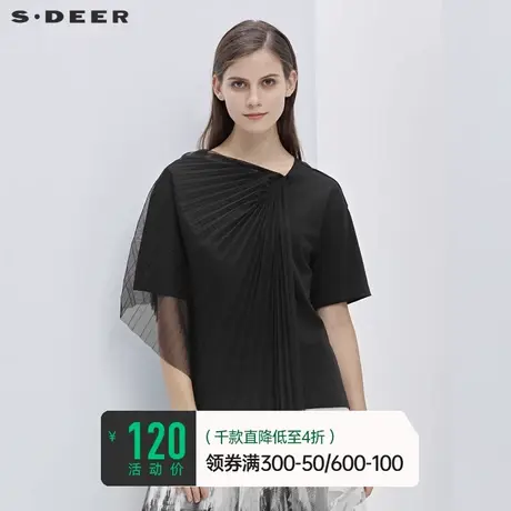 sdeer圣迪奥女装夏季圆领百褶网纱拼接短袖T恤S21280197图片