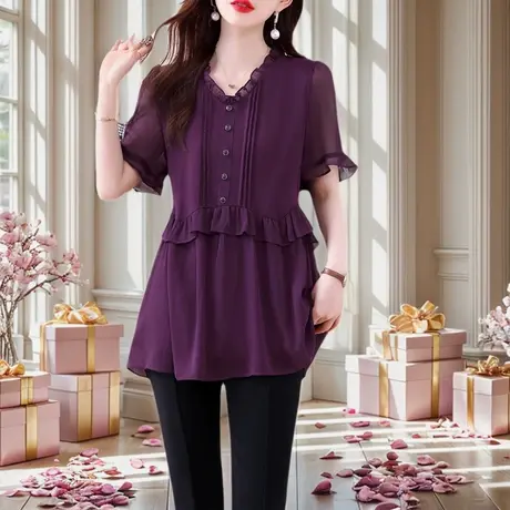 雪纺衫女2025新款夏季大码胖mm宽松遮肚子显瘦洋气中长款妈妈上衣商品大图