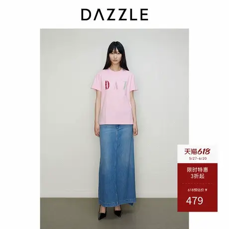 DAZZLE地素奥莱 T恤秋季女装简约字母绣花钉珠圆领短袖上衣图片
