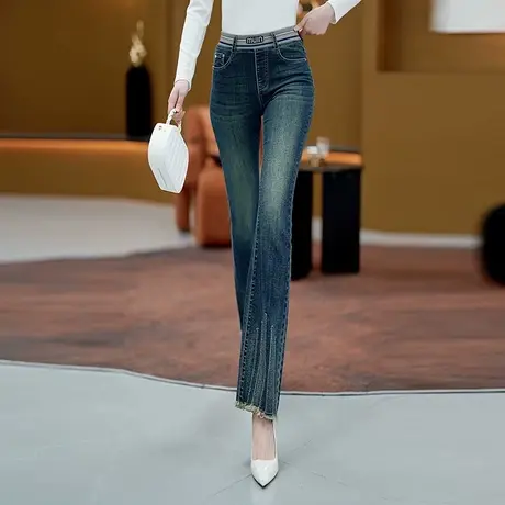 松紧腰弹力修身微喇牛仔裤女春秋2025年新款毛边百搭时尚喇叭裤子商品大图