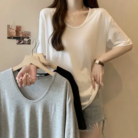 纯棉夏装U领短袖T恤女2025年新款宽松韩版简约纯色半袖T恤打底衫商品大图