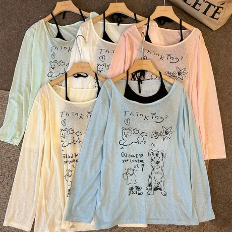 2025网纱防晒衣罩衫胖mm长袖t恤女2025夏季新薄款一字领宽松上衣商品大图