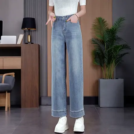 复古蓝窄版软牛仔直筒裤女2025夏季高腰九分裤薄款显瘦百搭阔腿裤商品大图
