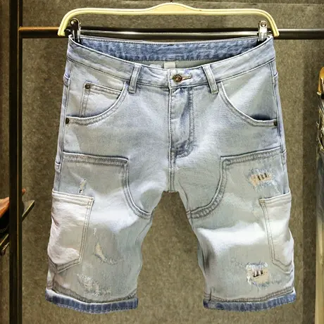 2025新款拼接破洞牛仔裤短裤男潮牌修身弹力夏季浅色水洗五分裤薄图片