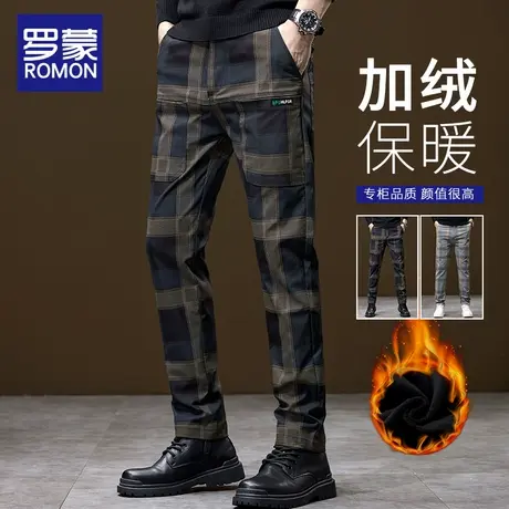 罗蒙男士休闲裤秋冬季加绒保暖长裤子男款2025新款加厚格子直筒裤图片