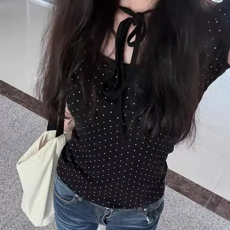 辣妹纯欲性感正肩短袖T恤女夏季韩版修身系带设计感小众半袖上衣商品大图