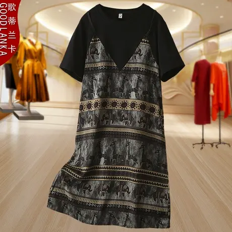 中年妈妈夏日连衣裙2025新款端庄大气假两件长裙高贵优雅吊带裙子商品大图