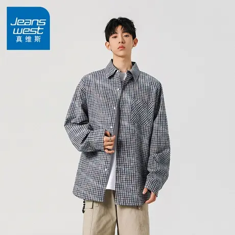 N5真维斯男士长袖衬衫2025秋季新款美式复古休闲翻领格子男生衬衣商品大图