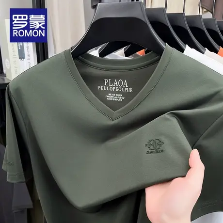 罗蒙男士短袖T恤夏季薄款2025新款宽松休闲v领透气百搭上衣服男款图片