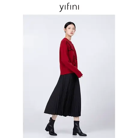 Yifini/易菲压褶冬款保暖A字裙女新款百搭通勤中长半身裙商品大图