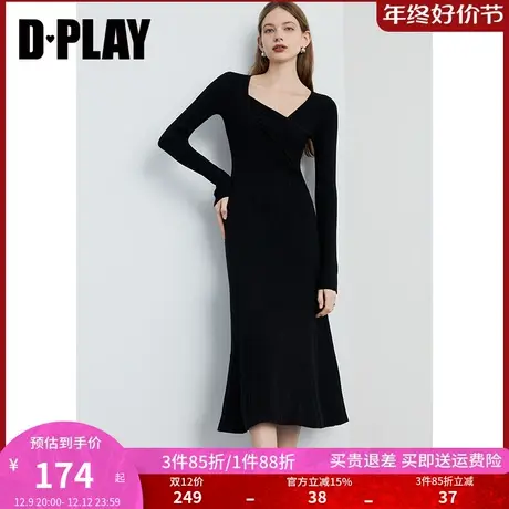 DPLAY春优雅气质大V领黑色大摆中长小黑裙打底针织连衣裙女商品大图