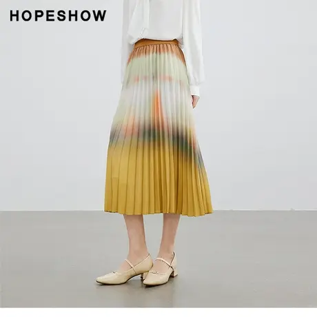 红袖渐变印花中高腰半身裙女hopeshow2024春季新款设计感百褶裙商品大图