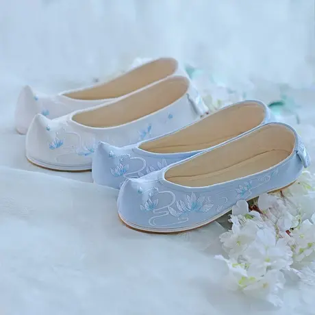 如梦霓裳汉服女配饰现货绣花鞋弓鞋翘头蓝色莲花平底春秋款履布鞋商品大图