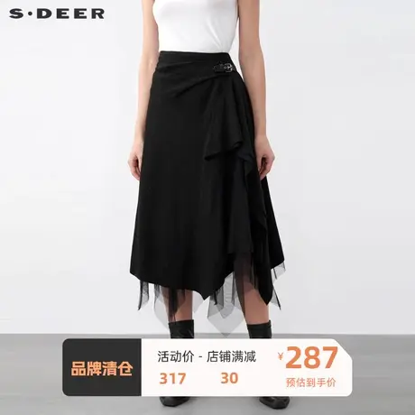 sdeer圣迪奥女装优雅网纱拼接不规则毛呢A字长裙S21481104⛳图片