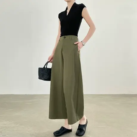 九分军绿色高腰阔腿裤女夏季薄款宽松八分小个子直筒西装休闲裤子商品大图