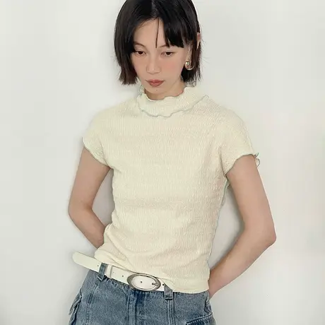 omont蛋挞家 肌理感短袖T恤夏季新款修身显瘦半高领半袖上衣商品大图