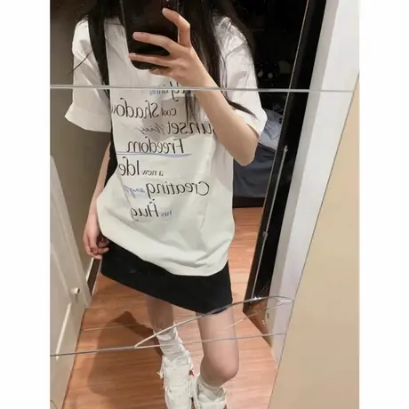 美式休闲t恤女2025年新款字母印花情侣上衣服宽松显瘦纯棉短袖T恤商品大图