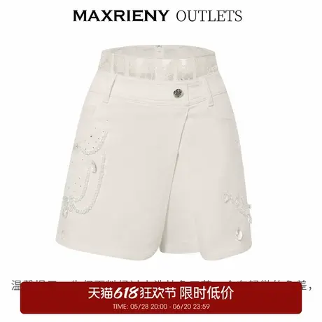 【奥莱】MAXRIENY精致复古蕾丝拼接牛仔裙裤女热裤短裤商品大图