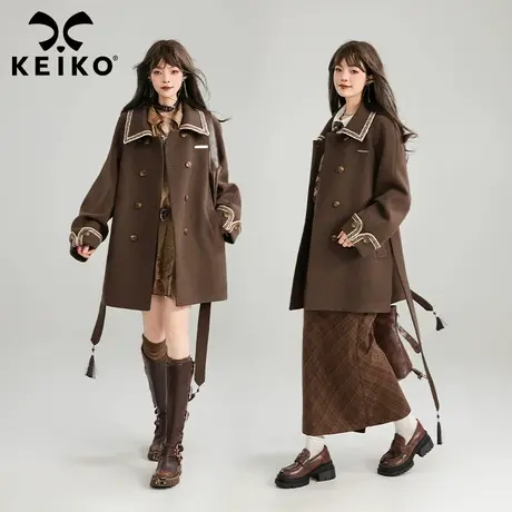KEIKO [编织/织带] 法式复古毛呢外套女冬高级感流苏飘带短款大衣图片