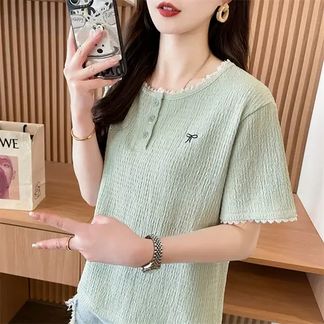 蕾丝花边短袖t恤女2025新款夏季韩版宽松大码小个子假两件上衣服商品大图