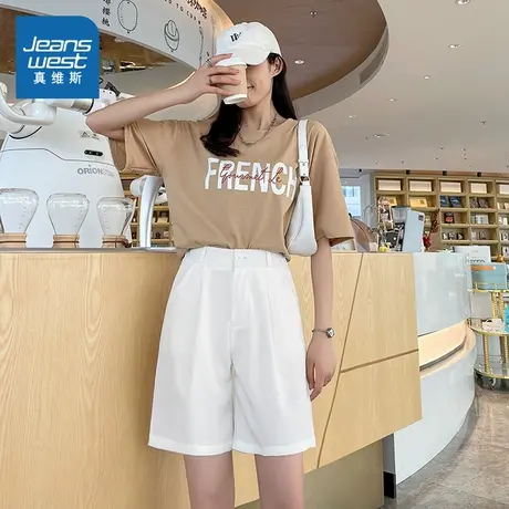 LR真维斯女装2024夏季新款 时尚女款高腰百搭显瘦宽松西装短裤商品大图