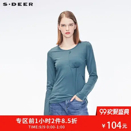 sdeer圣迪奥女装艺文墨荷印花圆领长袖T恤春休闲打底衫S17180270图片