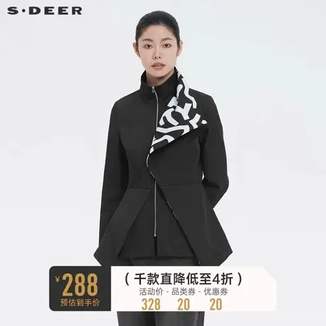 sdeer圣迪奥女装春秋装个性立领撞色胶印不规则风衣S21381706图片