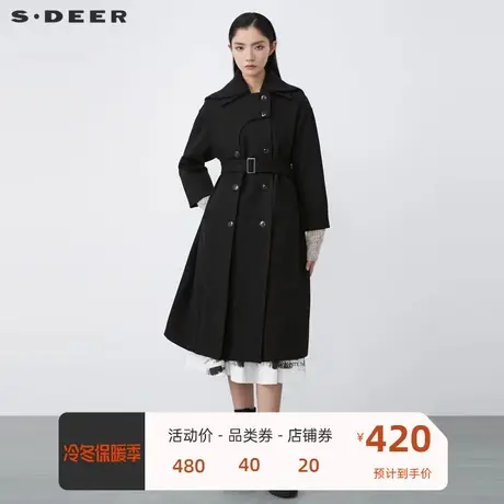 sdeer圣迪奥女装休闲翻领拼接收腰不规则毛呢大衣S21461826图片