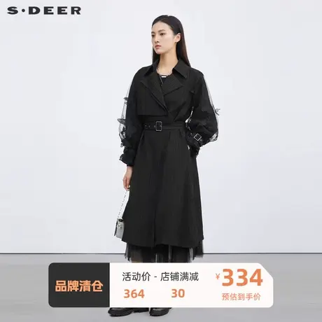 sdeer圣迪奥女装翻领收腰绣花网纱褶皱长款风衣S223Z1822图片