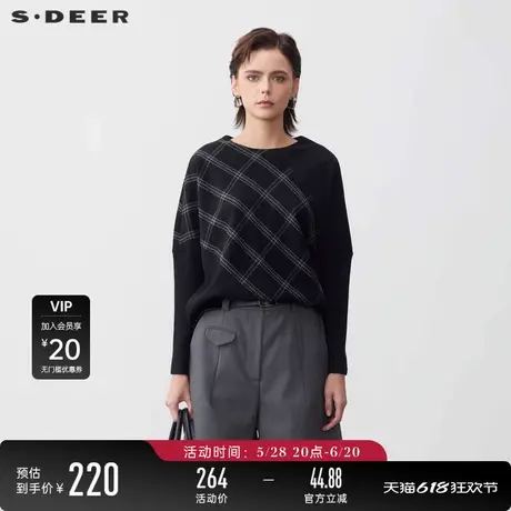 sdeer圣迪奥女装圆领格纹拼接宽松毛呢外套S24182209图片
