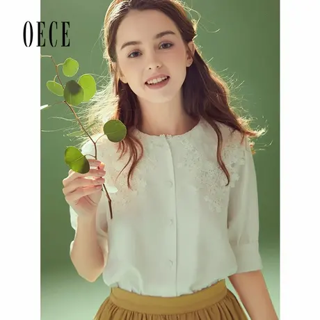 Oece春夏新款女装 法式个性优雅蕾丝衫设计感上衣短袖衬衫商品大图