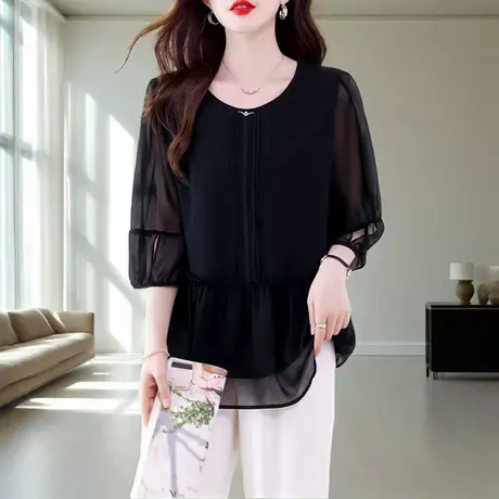 七分袖雪纺衬衫女2025新款夏季高级感宽松遮肚子显瘦洋气妈妈上衣图片