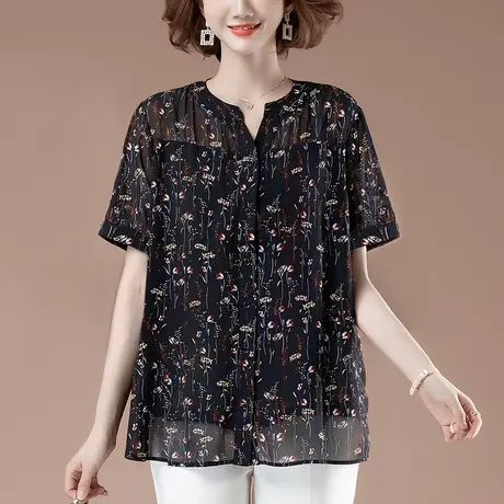 雪纺衫女短袖夏季新款宽松加肥加大码中年妈妈洋气遮肚子碎花小衫商品大图