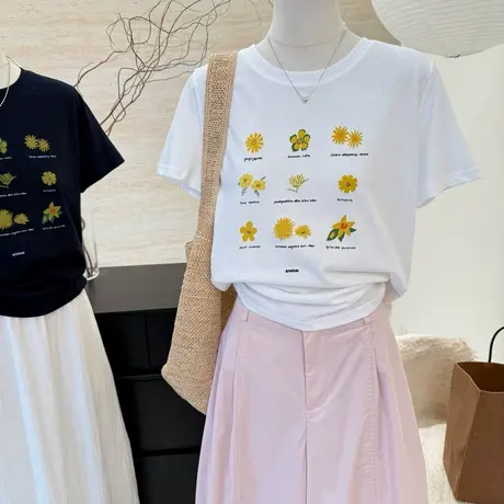 花朵印花凉感雪花棉短袖T恤女半袖小众时尚百搭宽松圆领夏季上衣商品大图