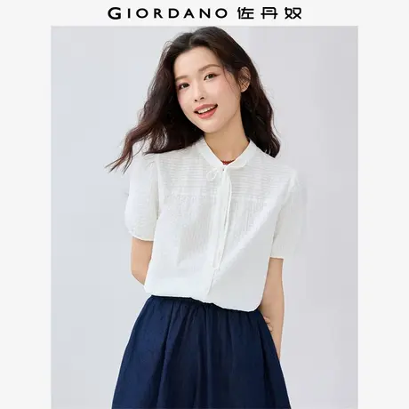 佐丹奴衬衫女装纯棉提花暗条纹系带小立领梭织短袖衬衫 05345473商品大图