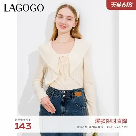 LAGOGO米色针织提花上衣女拉谷谷春秋新款荷叶边法式修身衬衫商品大图