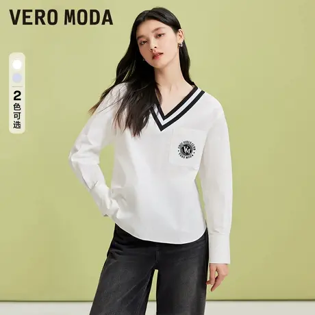 Vero Moda奥莱上衣女春秋新款学院风V领条纹针织领拼接百搭流行商品大图