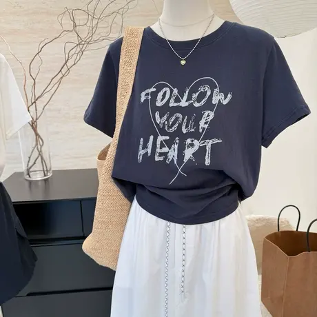 夏季新款爱心字母印花薄款雪花棉短袖t恤女宽松百搭正肩圆领上衣商品大图