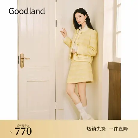 Goodland美地2024冬季新款亮丝蝴蝶纱粗花呢小香风休闲短外套图片