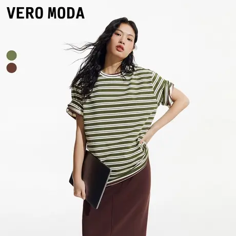 Vero Moda奥莱T恤女秋冬新款圆领条纹撞色宽松短袖休闲百搭上衣商品大图