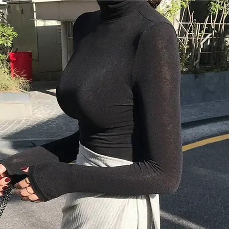 当天发韩国新款 性感显瘦显胸大 微透黑色紧身打底衫T恤高领小衫图片