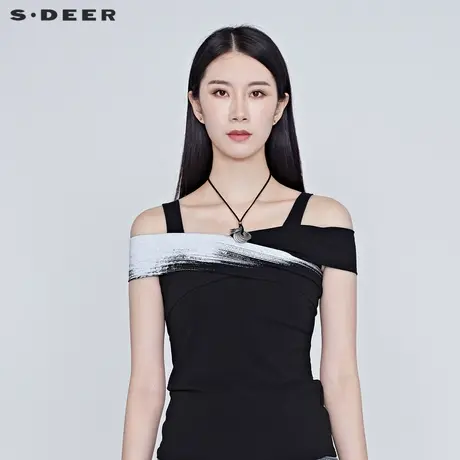 sdeer圣迪奥女装夏季清凉性感印花微弹印花交叉吊带T恤S20280142🎎商品大图