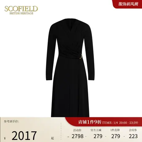 Scofield女装V领修饰A字裙摆法式腰部褶皱设计连衣裙2023秋冬新款图片