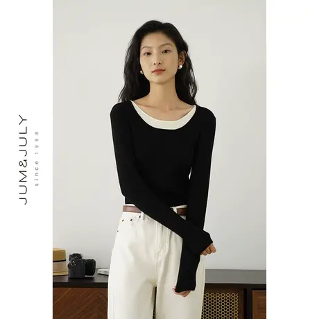 嘉茱莉2024春季新款针织衫女修身针织上衣撞色弧形圆领内搭打底衫商品大图