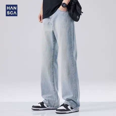 hansca茶染蓝直筒牛仔裤男春季新款复古水洗青少年宽松休闲长裤子商品大图